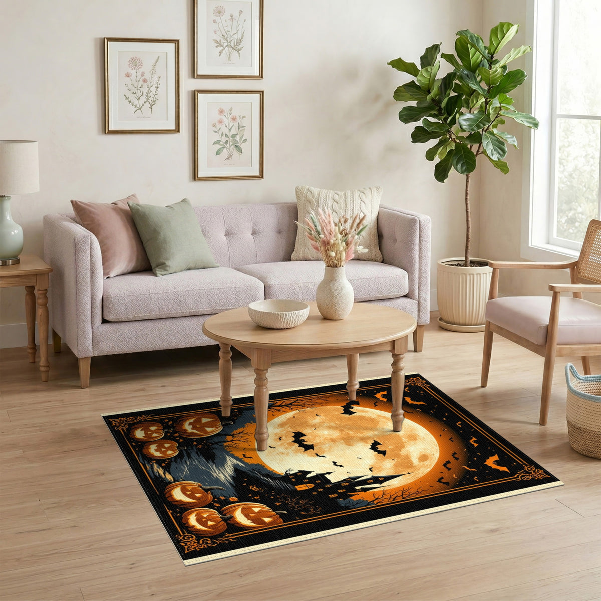 Orange Spooky Halloween Castle Area Rug