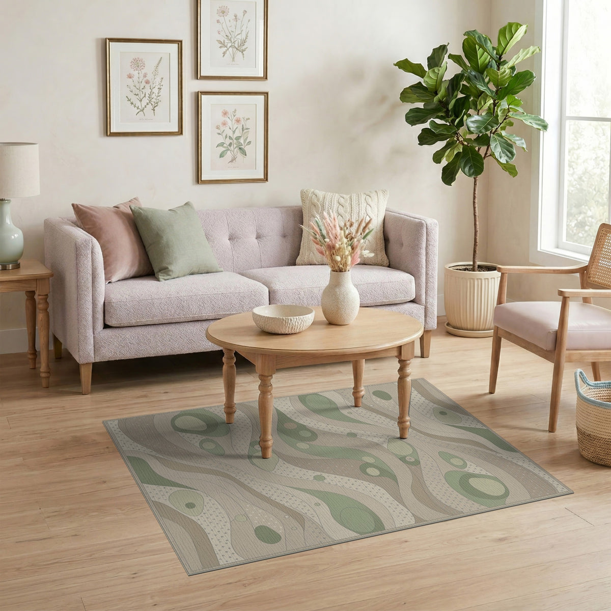 Beige and Neutral Organic Wave Beige Area Rug
