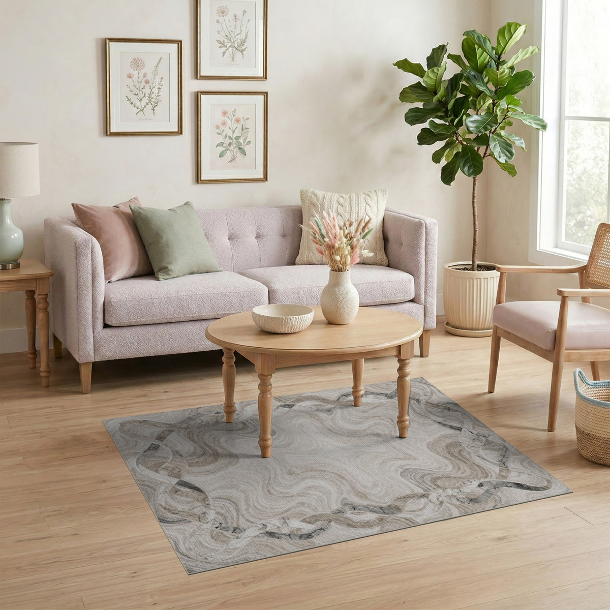 Beige Marble Swirl Wave Border Area Rug