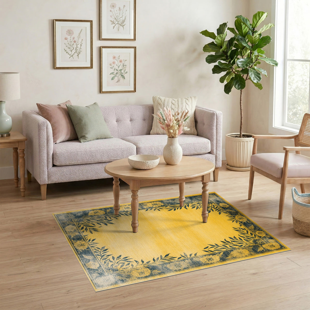 Yellow Floral Vintage Distressed Rug