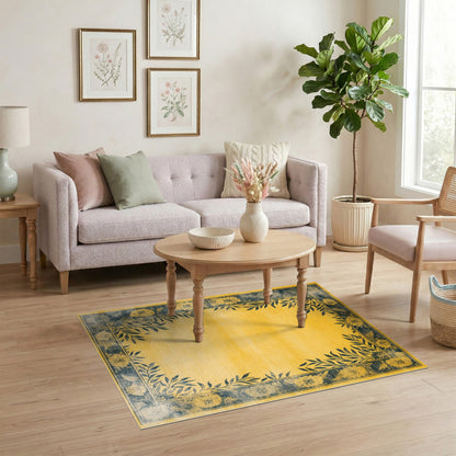 Yellow Floral Vintage Distressed Rug