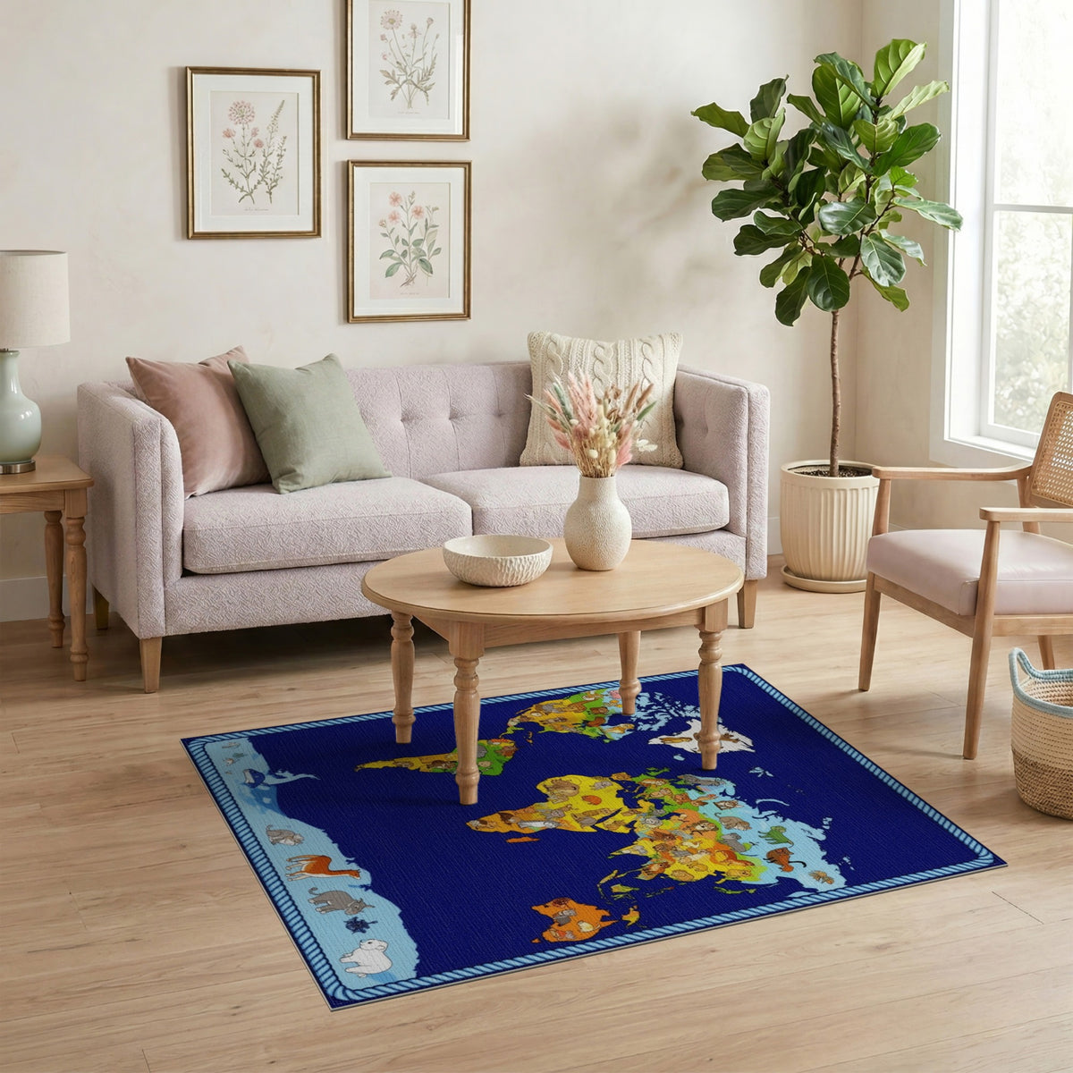 World Map Animals Kids Area Rug