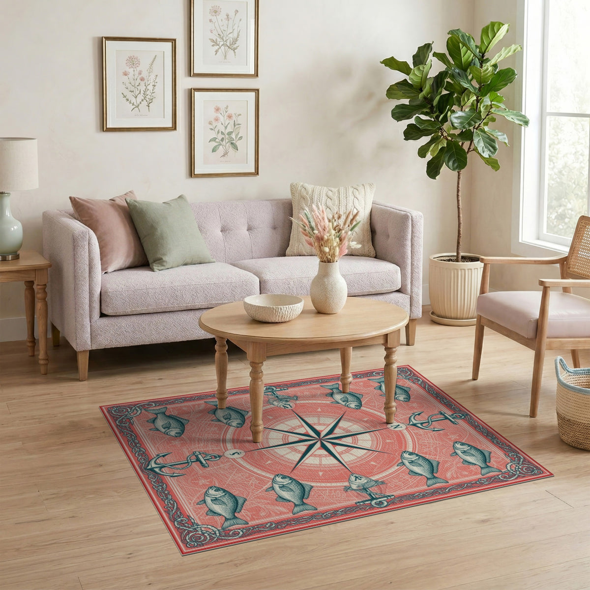 Coastal Beach Red Nautical Compass Anchor Area Rug