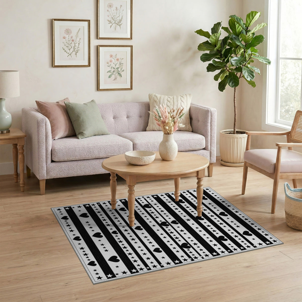 Black White Heart Star Striped Area Rug