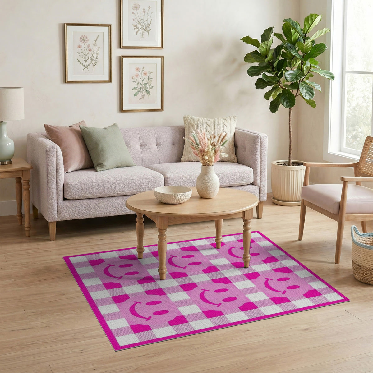 Pink Smiley Face Gingham Washable Area Rug