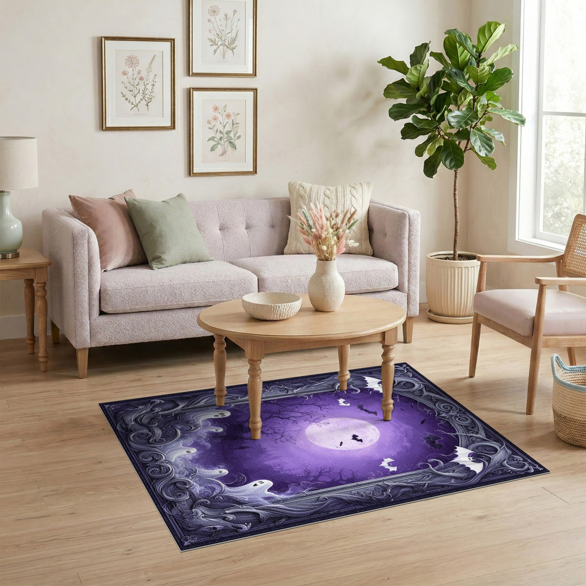 Spooky Purple Ghosts and Bats Halloween Rug