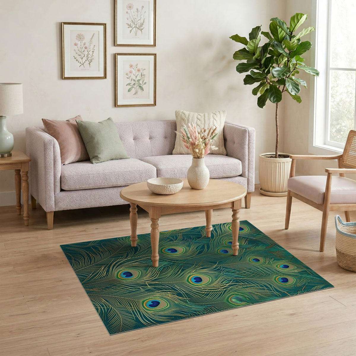 Peacock Feather Blue Teal Boho Area Rug