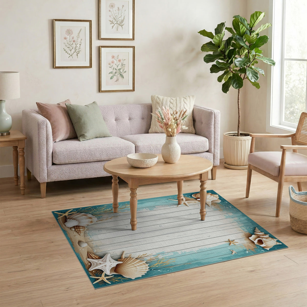 Coastal Beach Seashell Starfish Blue Teal Area Rug