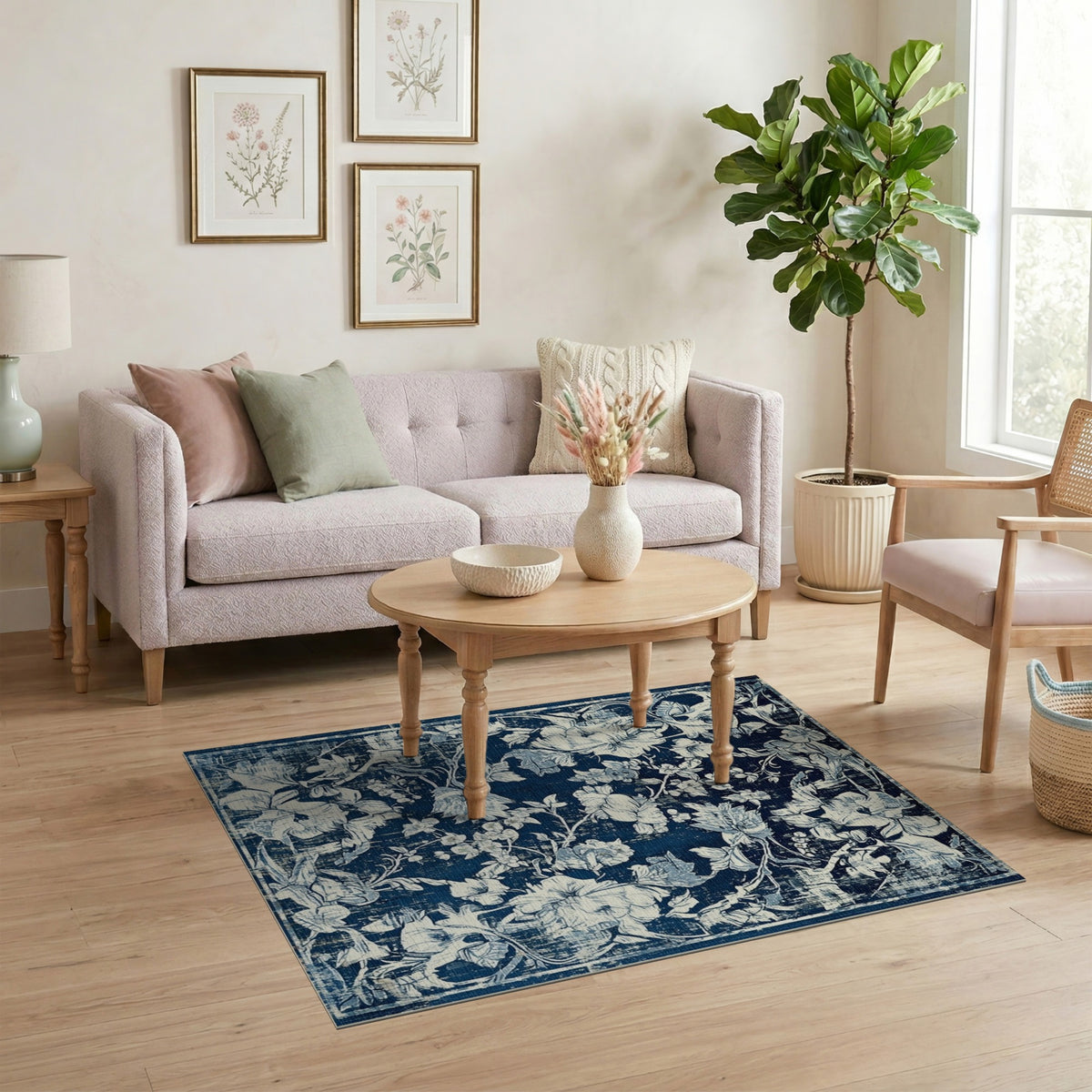 Navy Blue Floral Distressed Vintage Area Rug