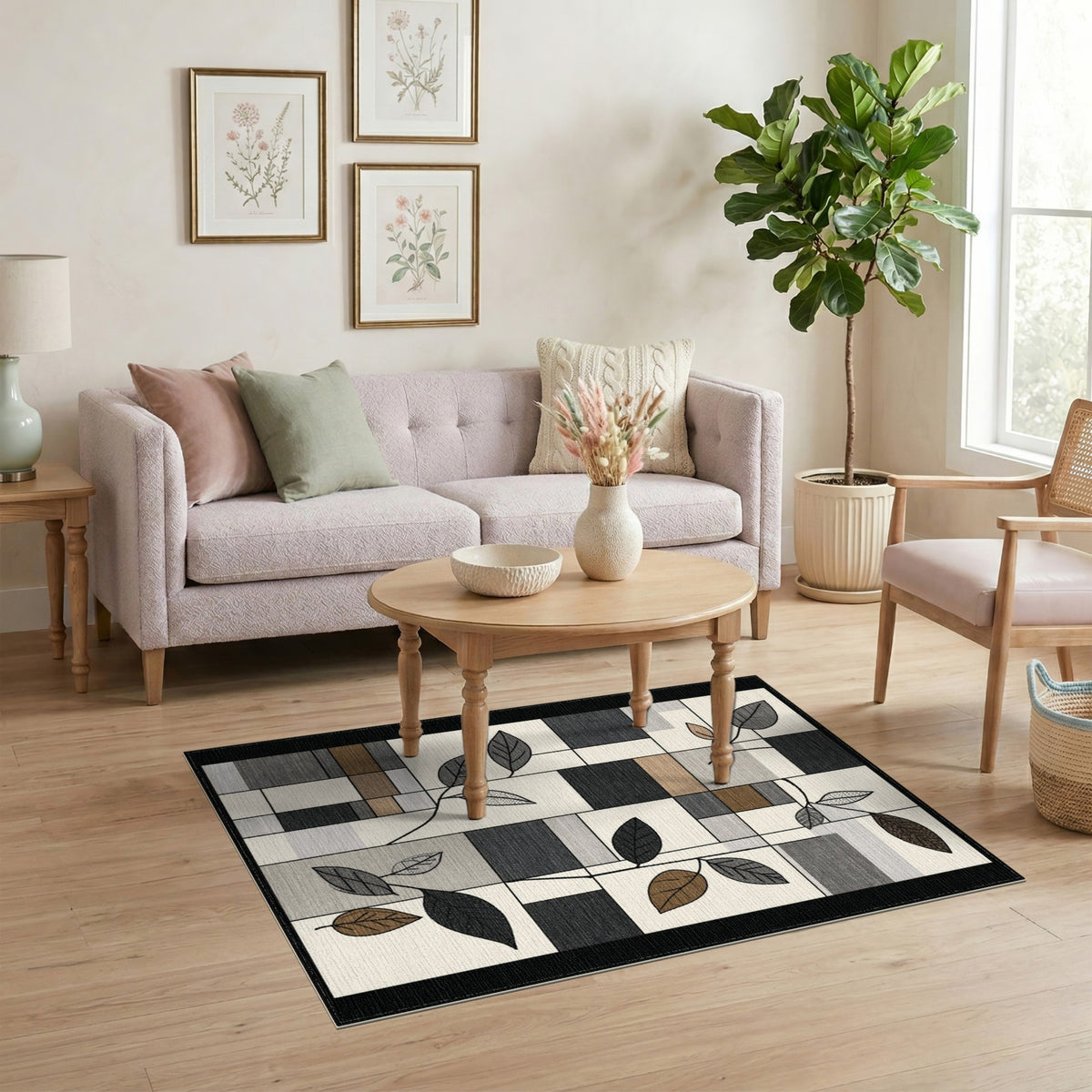 Grey Geometric Leaf Area Rug