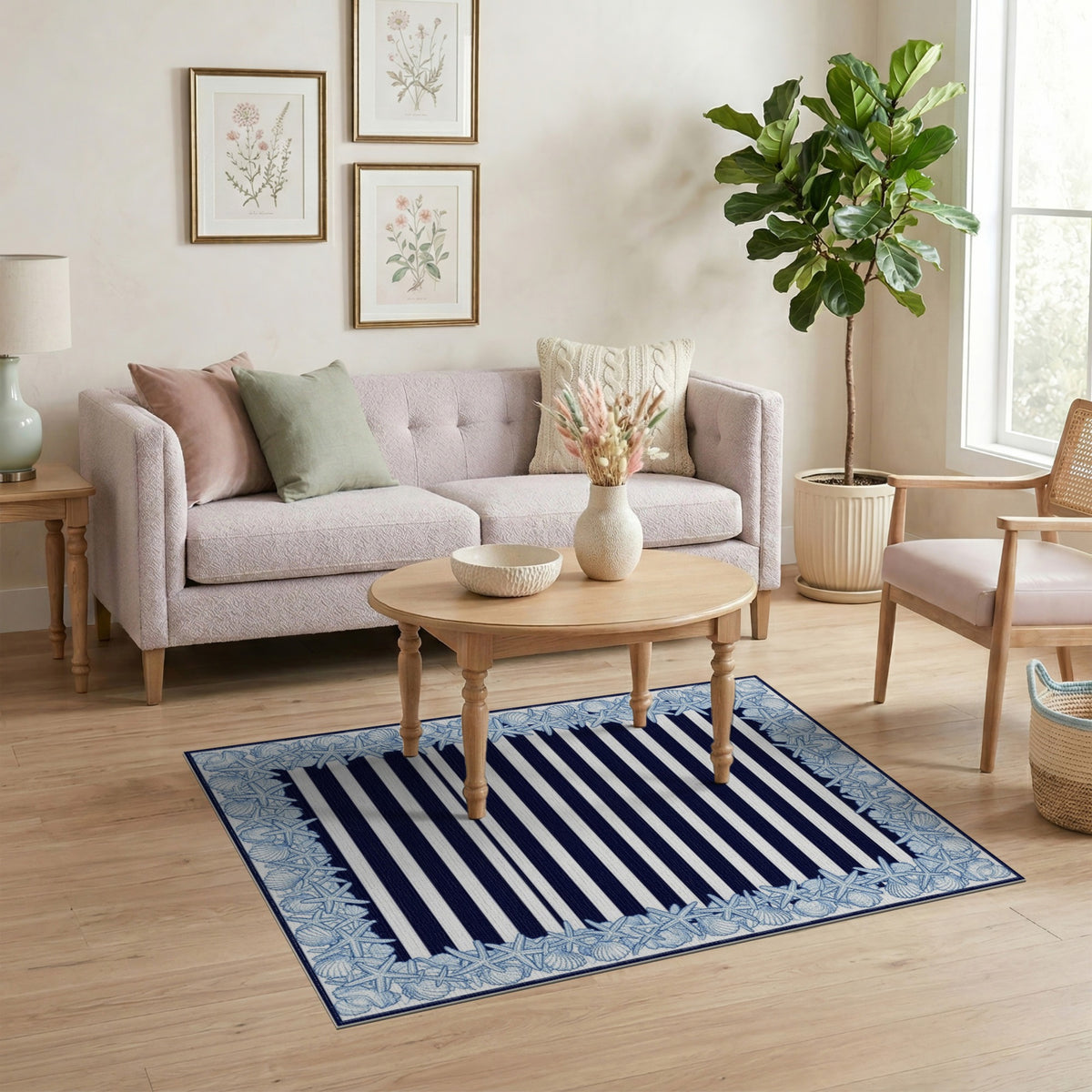 Navy Striped Coastal Area Rug with Seashell Starfish Border