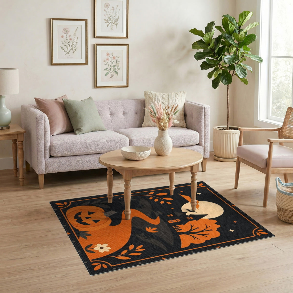 Orange Halloween Pumpkin Haunted House Kids Area Rug