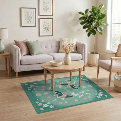 Teal Koi Fish Yin-Yang Cherry Blossom Area Rug