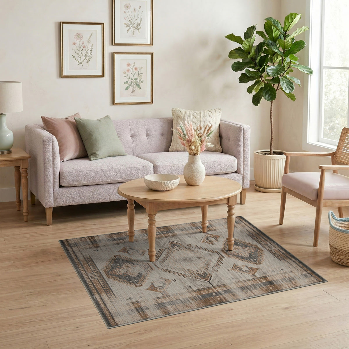 Brown and Tan Distressed Brown Geometric Area Rug