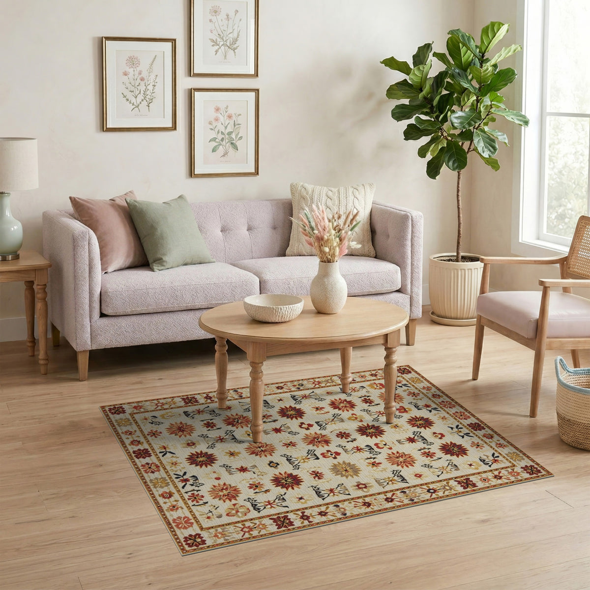 Beige and Neutral Beige Vintage Floral Medallion Area Rug
