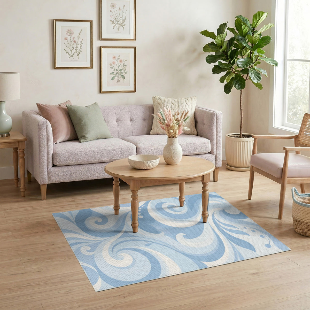 Blue and Teal Blue Swirl Abstract Washable Area Rug