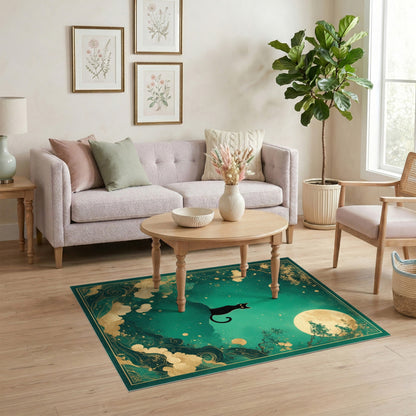 Black Cat Moon Teal Area Rug