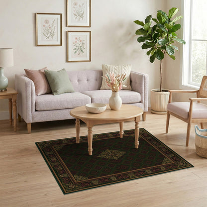 Dark Green Persian Rug with Gold Medallion Border