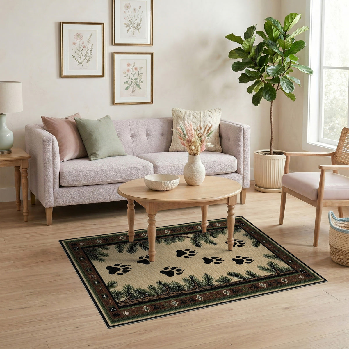 Bear Paw Tracks Pine Border Area Rug