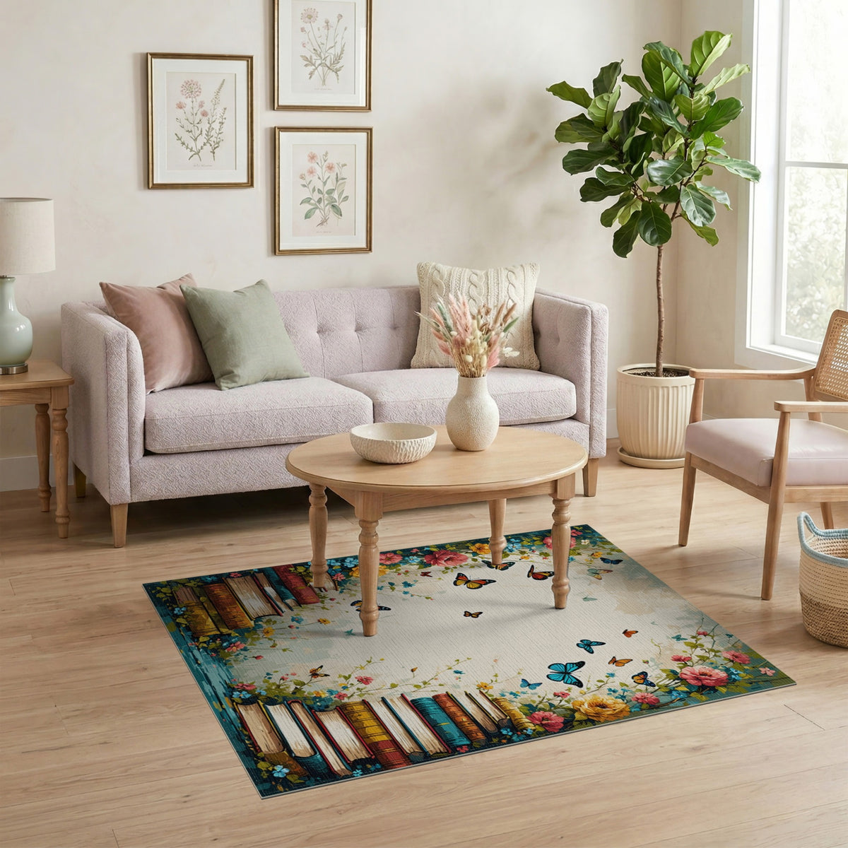 Vintage Floral Books Butterfly Area Rug