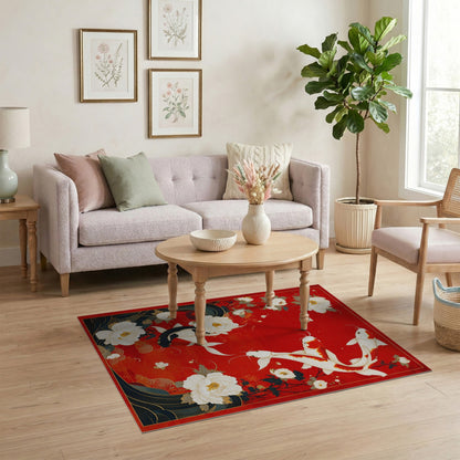 Red Koi Peony Floral Washable Area Rug
