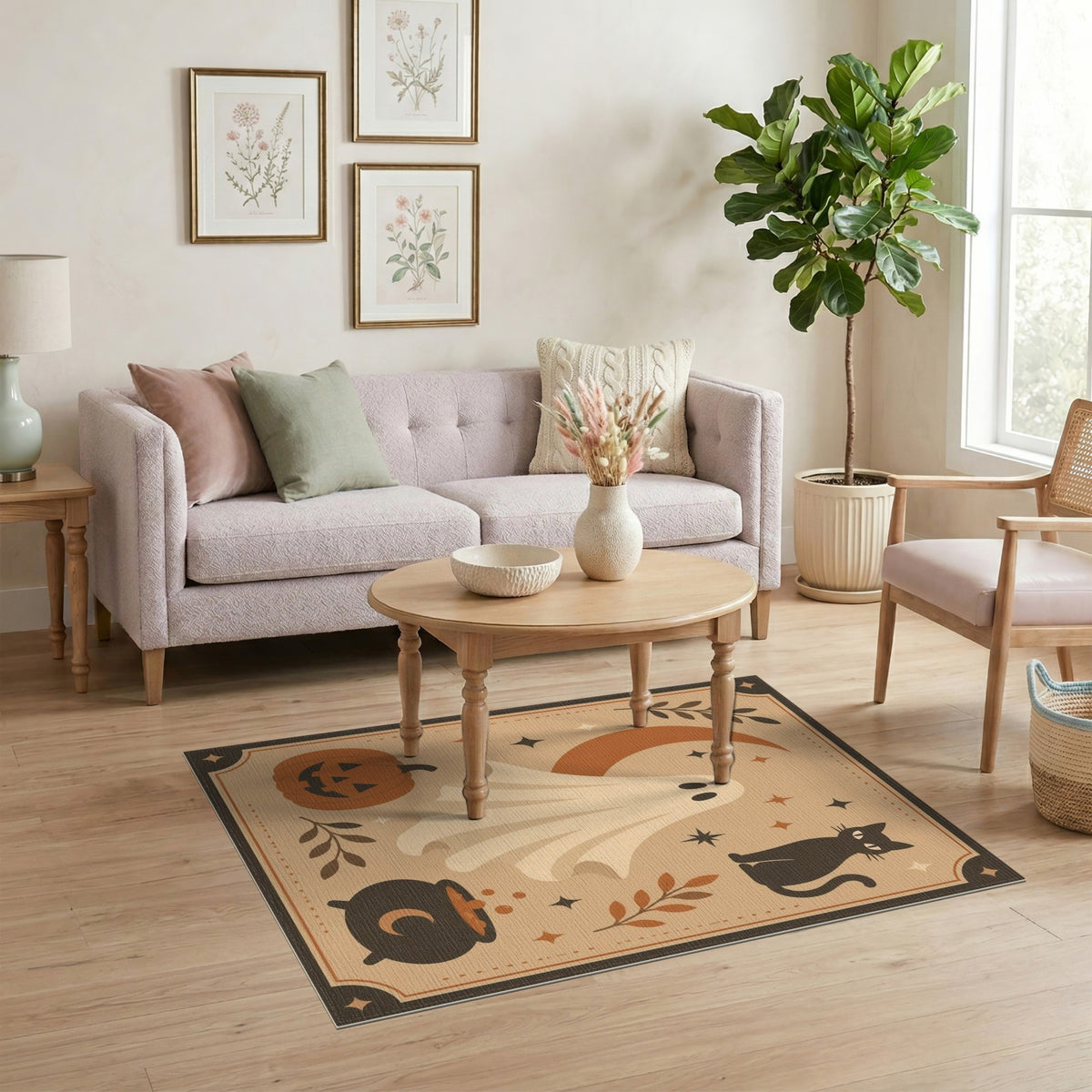 Halloween Ghost Cat Beige Area Rug