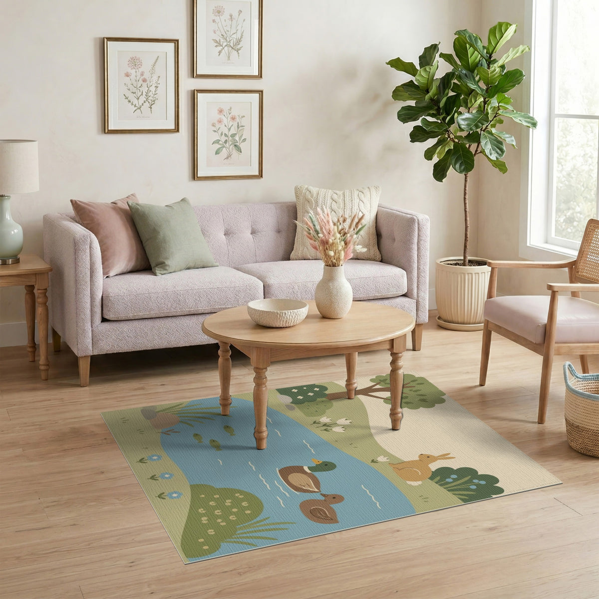 Whimsical Pond Duck Rabbit Kids Area Rug