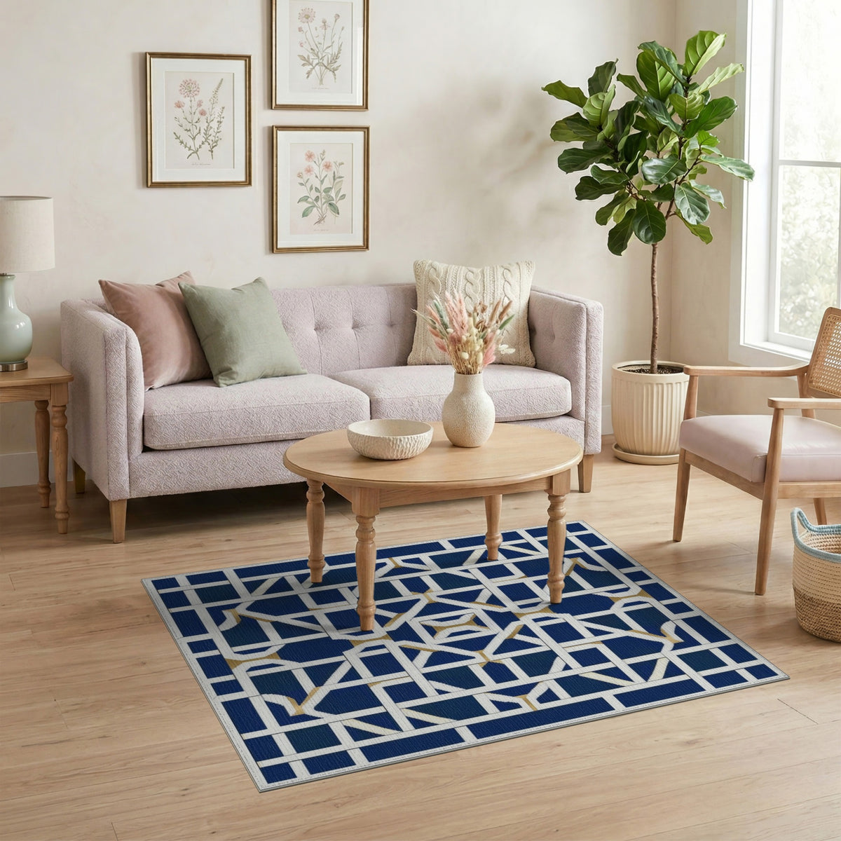 Navy Blue Geometric Lattice Blue and Teal Area Rug