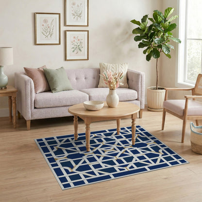Navy Blue Geometric Lattice Blue and Teal Area Rug