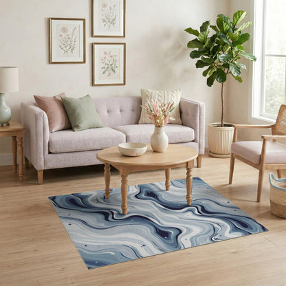 Blue and Teal Blue Swirl Marble Washable Area Rug