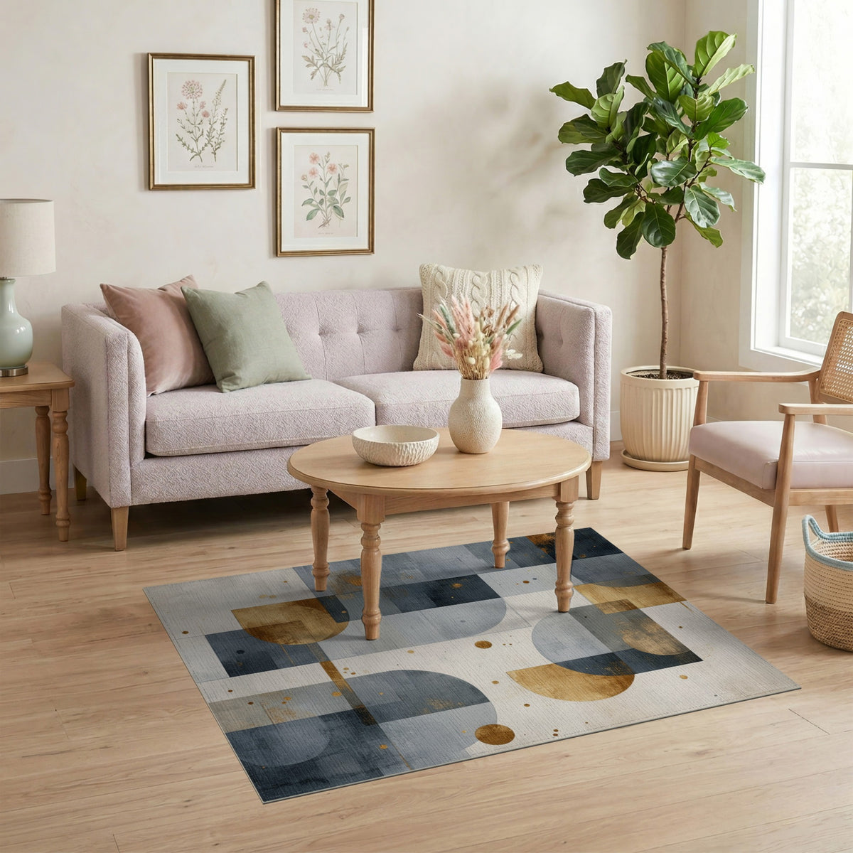 Geometric Blue Grey Gold Area Rug