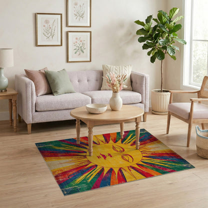 Vibrant Sun Face Distressed Vintage Rug