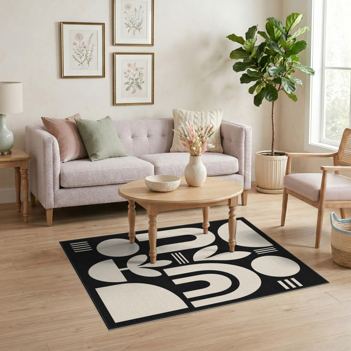 Black White Geometric Botanical Area Rug