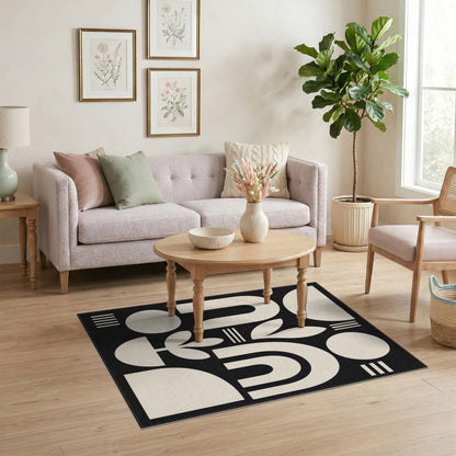Black White Geometric Botanical Area Rug