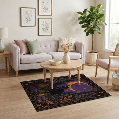 Mystical Black Cat Purple Moon Area Rug