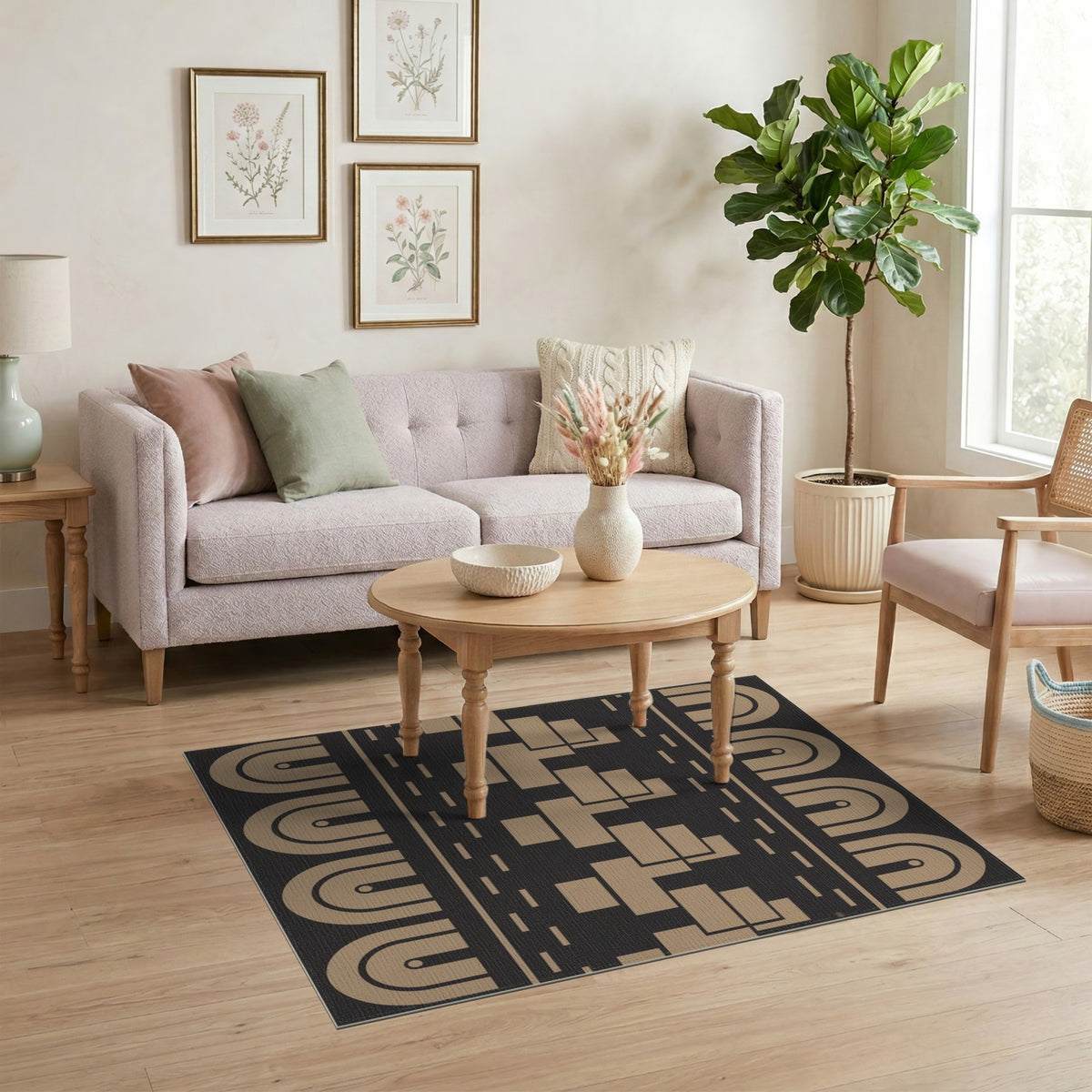 Beige Geometric Arch Washable Area Rug