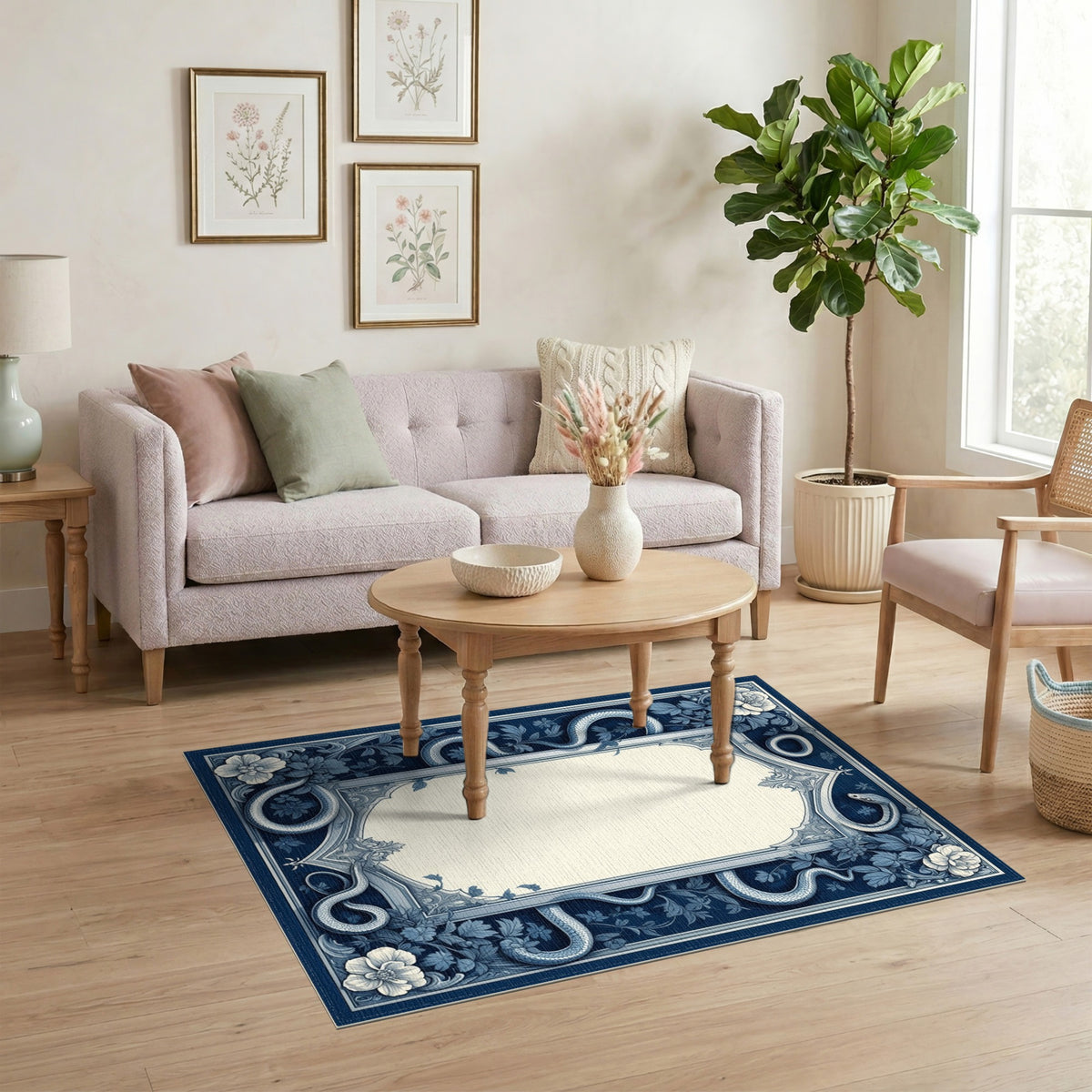 Blue Floral Serpent Vintage Area Rug