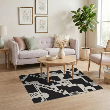 Black White Geometric Pixel Area Rug