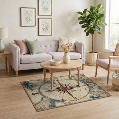 Brown and Tan Vintage Compass Map Area Rug
