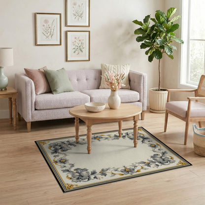 Grey Floral Vintage Border Washable Area Rug