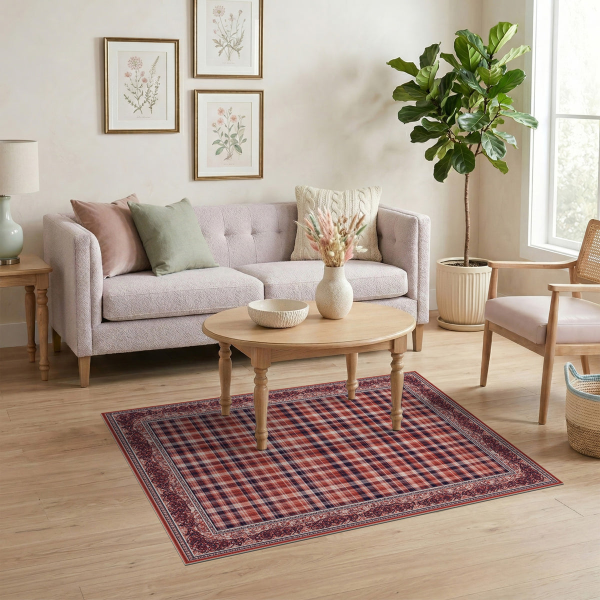 Red Plaid Vintage Border Area Rug