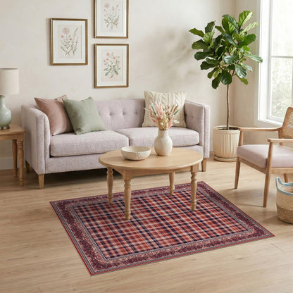 Red Plaid Vintage Border Area Rug