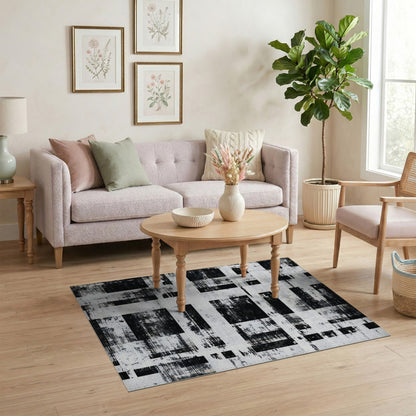 Black White Distressed Abstract Area Rug