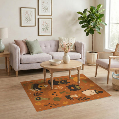 Halloween Orange Cartoon Rug with Black Cat and Pumpkin