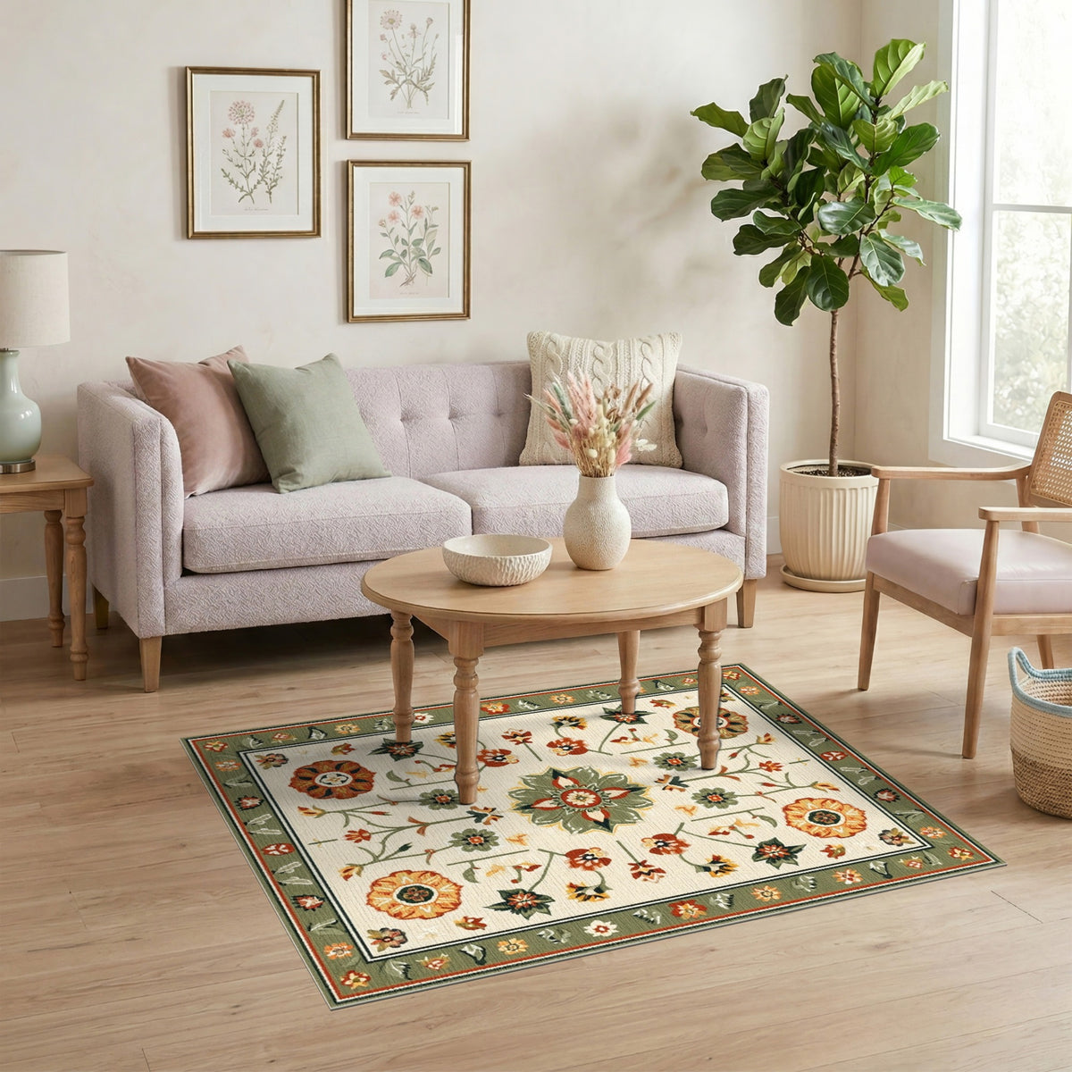 Green Sage Green Vintage Floral Area Rug