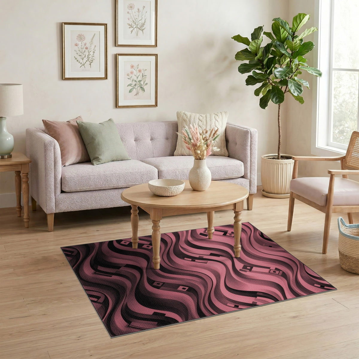 Pink Wavy Geometric Area Rug