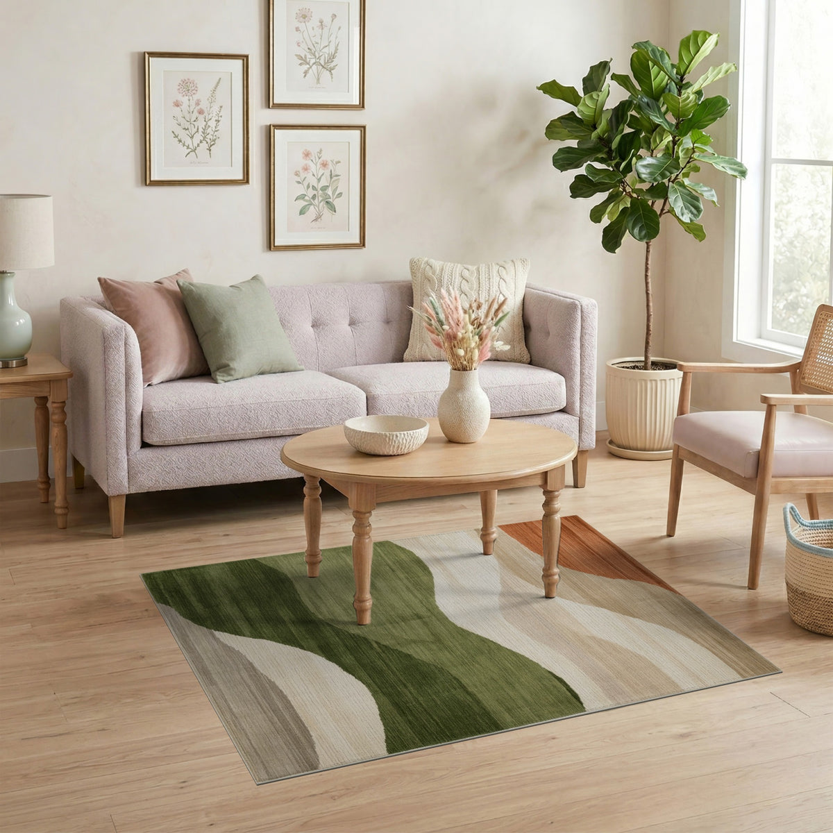 Abstract Wave Area Rug in Beige and Green