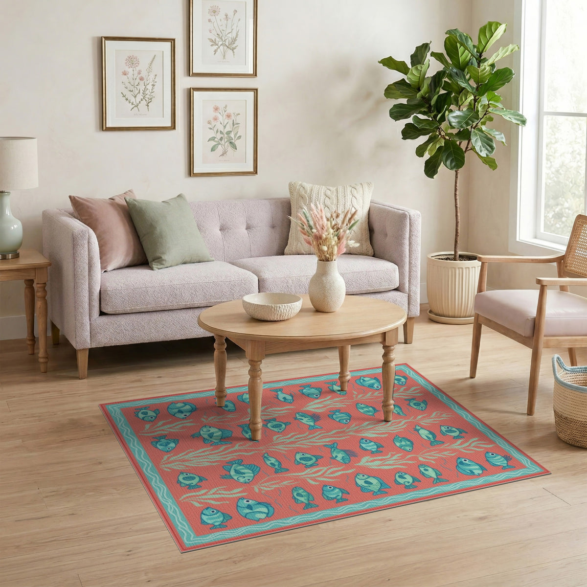 Blue Fish Coral Washable Area Rug