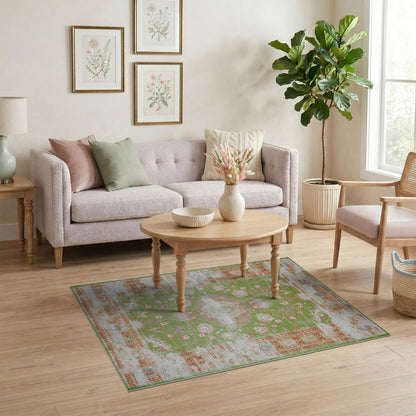 Green Floral Distressed Vintage Area Rug