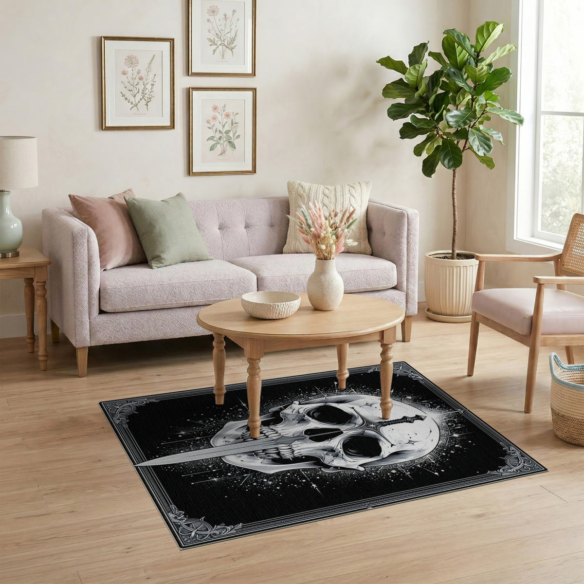 Gothic Skull Sword Black White Area Rug